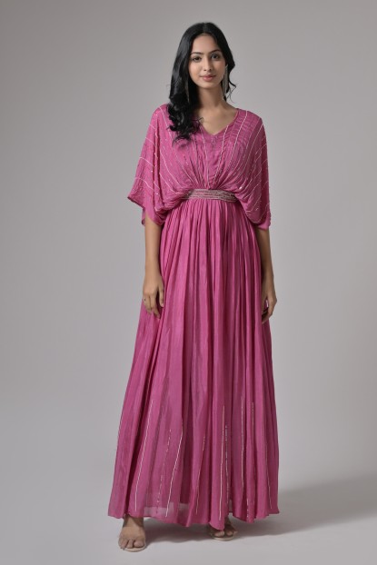 Onion Pink Chinnon Hand embroidered Gown